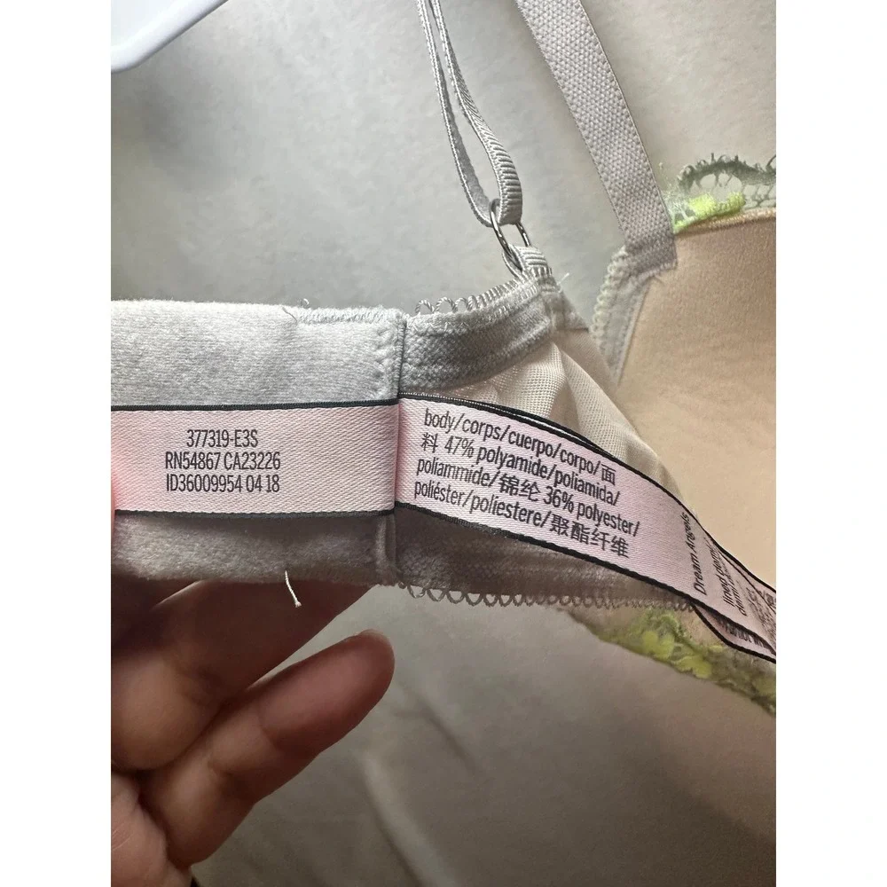 Victorias Secret Dream Angels Lined Demi Bra Grey Lime Green Floral Lace 34D - Picture 6 of 7